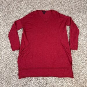 EILEEN FISHER Tunic Womens XS Red Merino Wool V-Neck Long Sleeve Relaxed Pockets